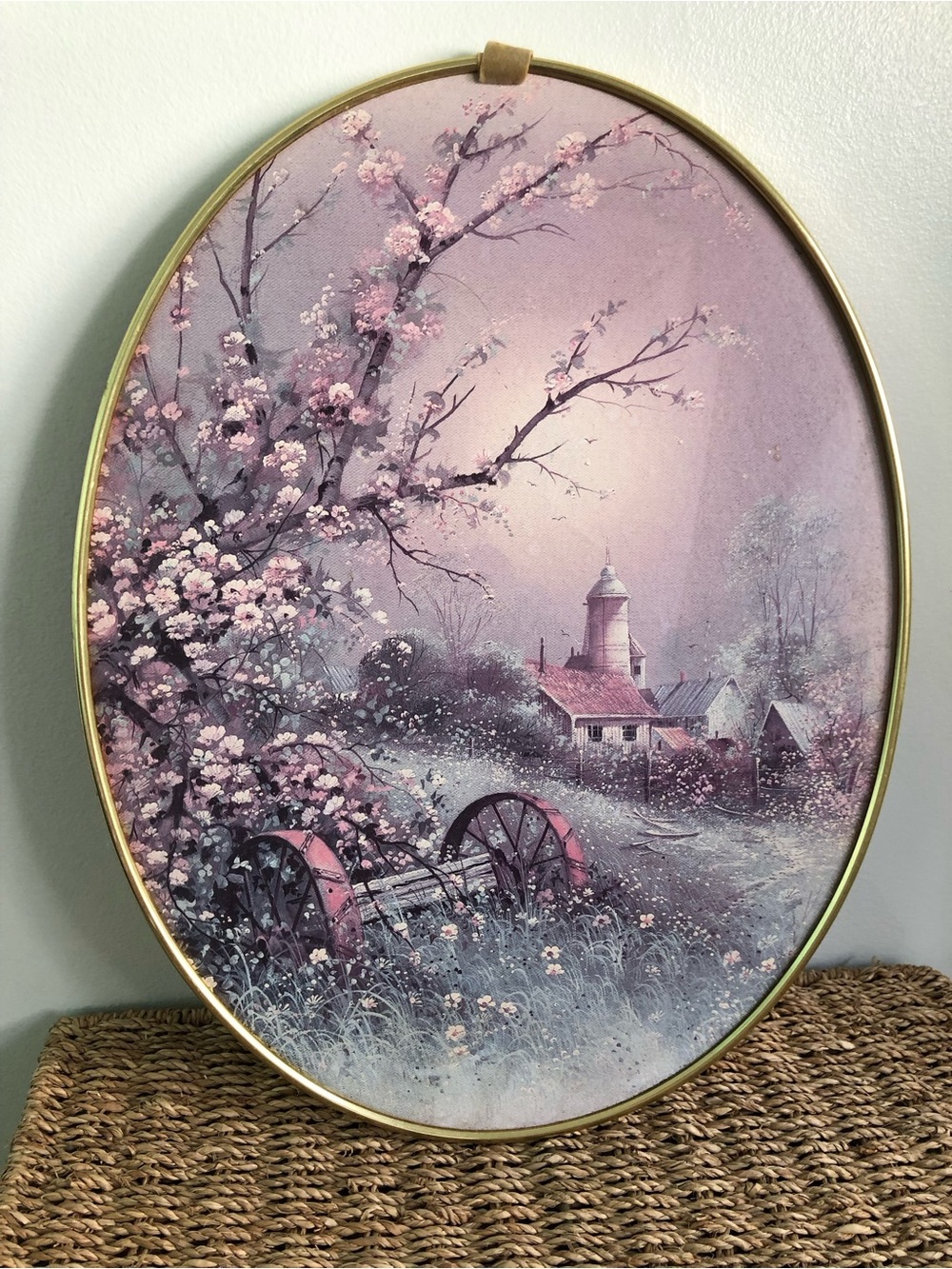Vintage Oval Floral Landscape Wall Art — Pink Pastel Scene